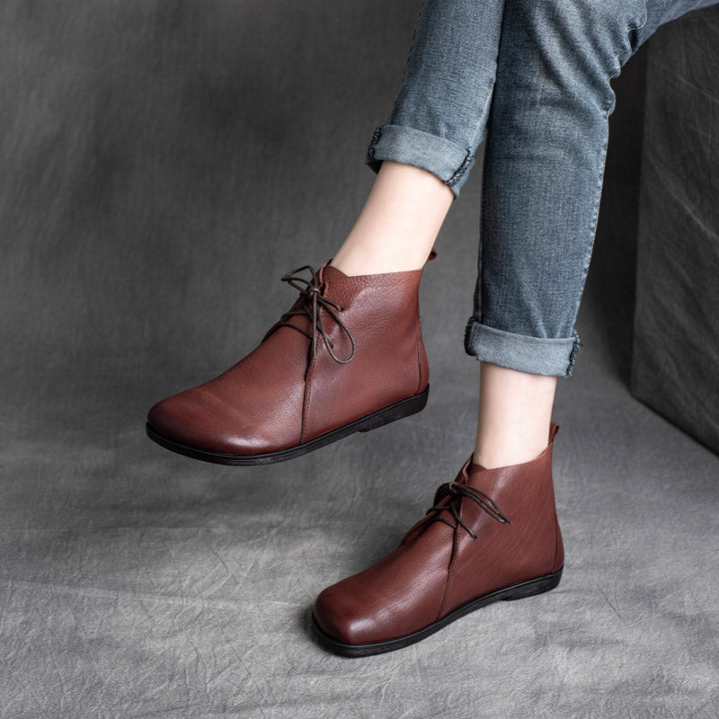 Women Solid Leather Retro Causal Flat Boots Newgew Shoes