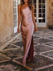 Temperament Slim Fit One Shoulder Split Satin Dress Newgew Dresses