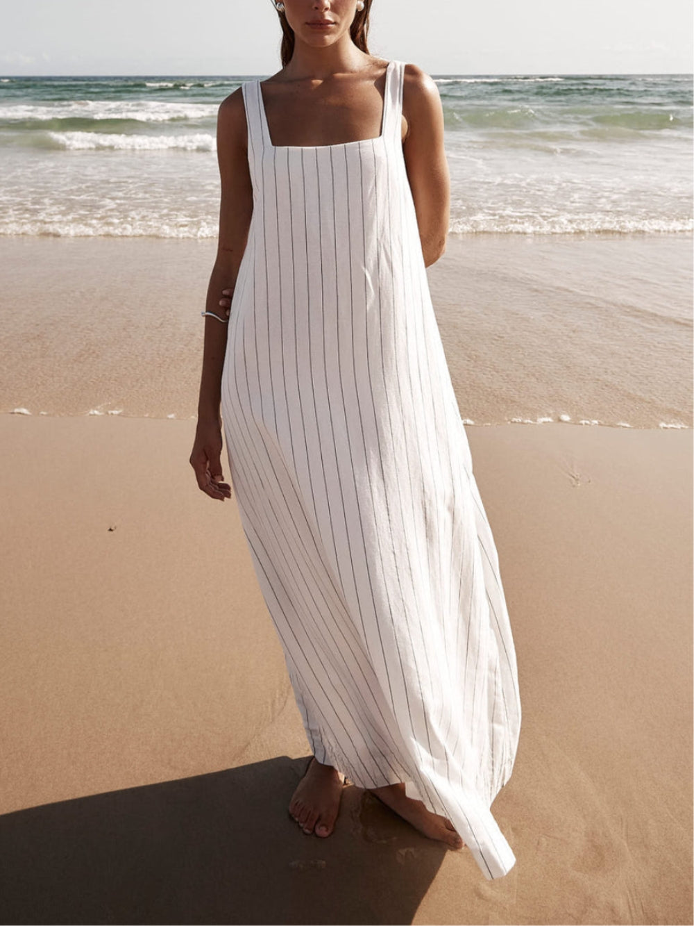 White With Charcoal Pinstripe Maxi Dress Newgew Dresses