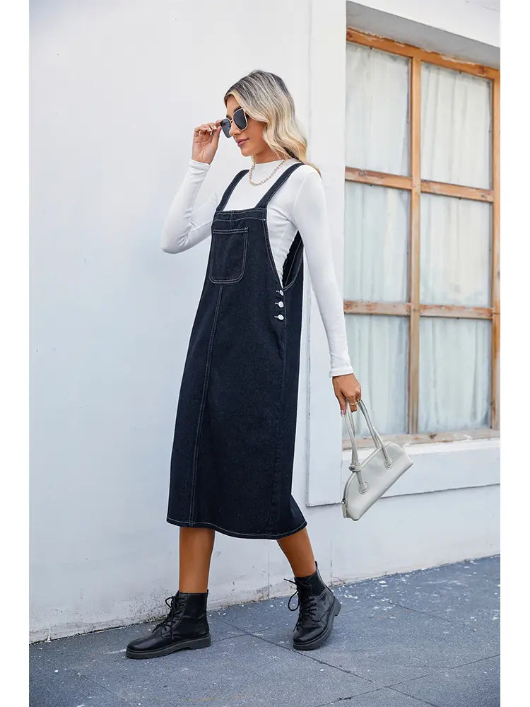 Trendy Denim Pinafore Dress Midi Skirt Newgew Dresses