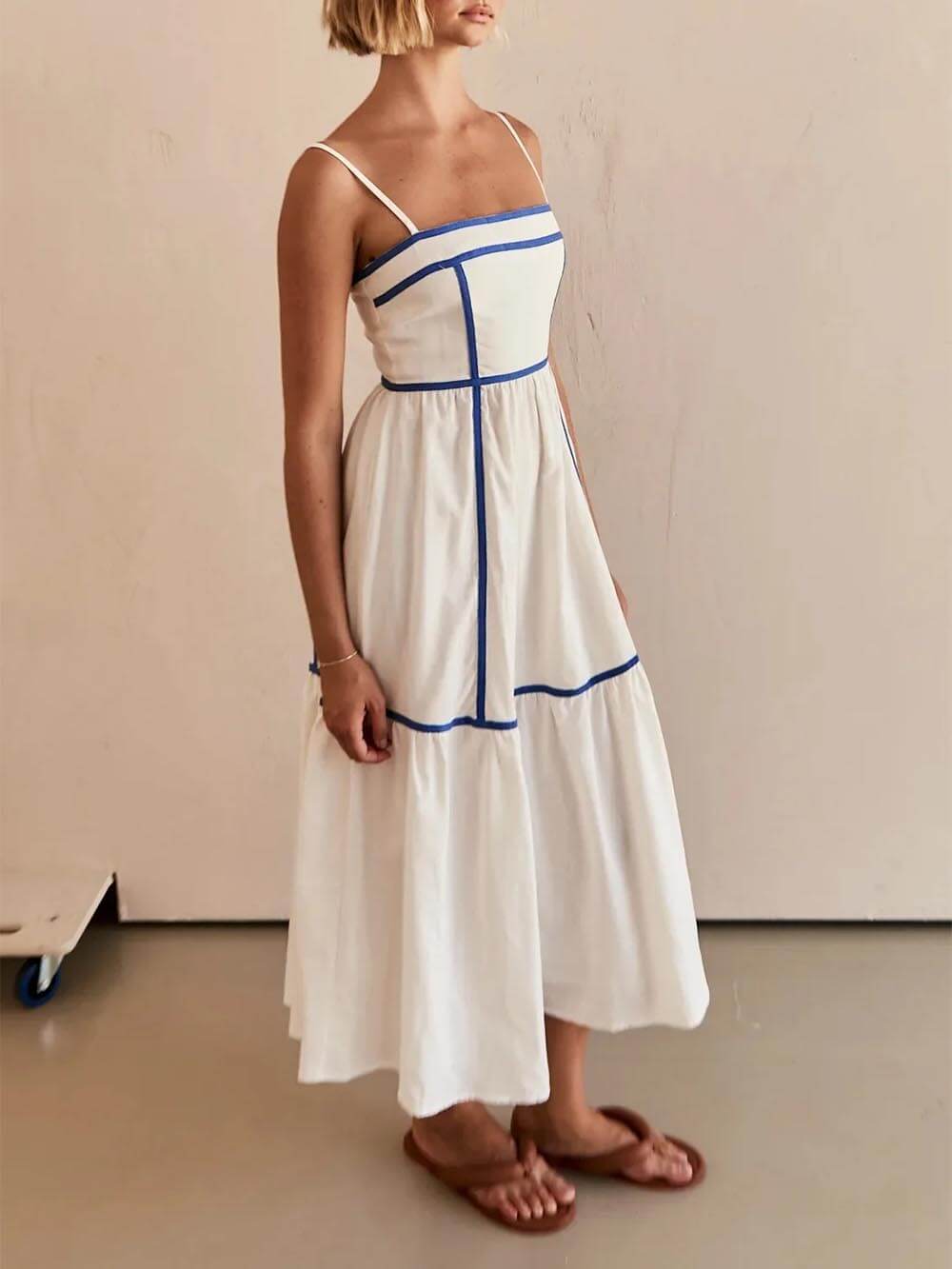 Contrast Color Trim Adjustable Straps Midi Dress Newgew Dresses
