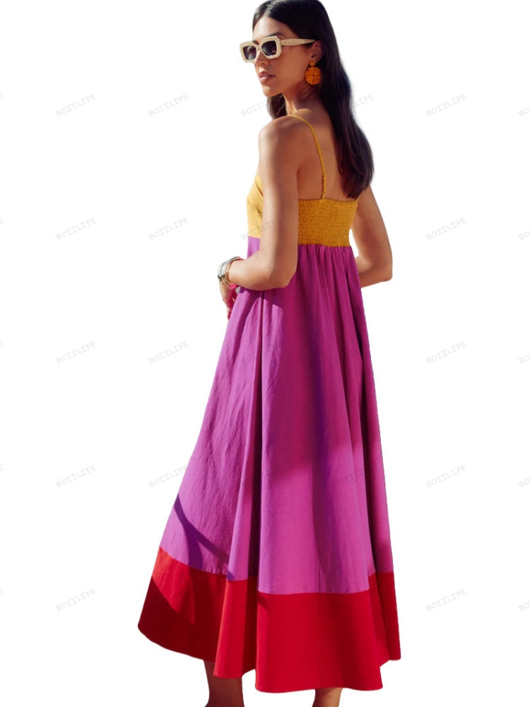 Vacation-Style Color Block Spaghetti Strap Dress Newgew Dresses