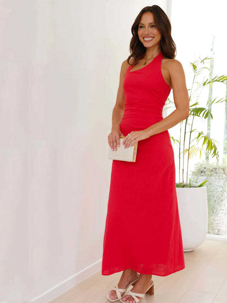 Casual Solid Color Sleeveless Backless Halter Midi Dress Newgew Dresses