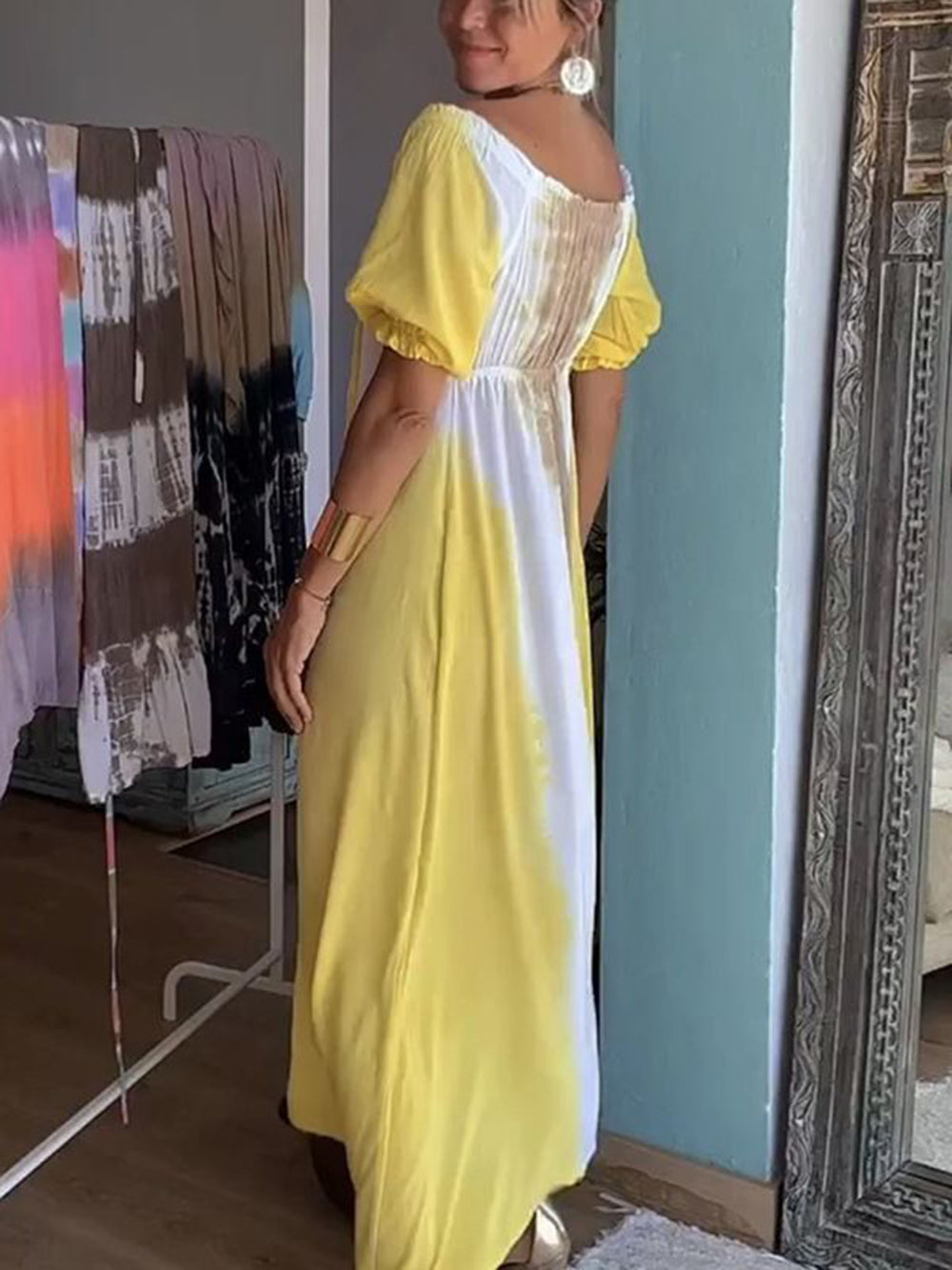 Yellow Tie Dye V-Neck Drawstring Maxi Dress Newgew Dresses