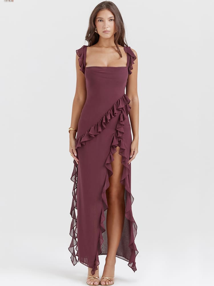 Ruffled Long Maxi Slip Dress - Mulberry Newgew Dresses