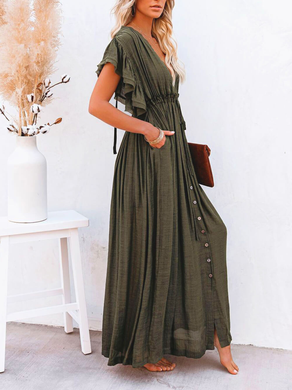 Button Cotton Linen Perfect Beach Boho Maxi Dress Newgew Dresses