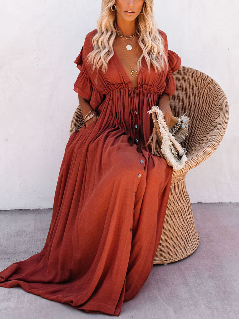 Button Cotton Linen Perfect Beach Boho Maxi Dress Newgew Dresses