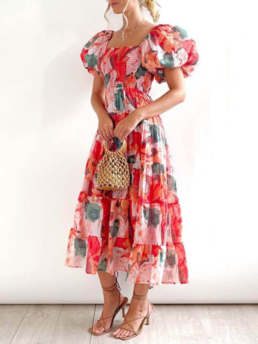 Floral Printed Smocked Tiered Fit Flare Midi Dress Newgew Dresses