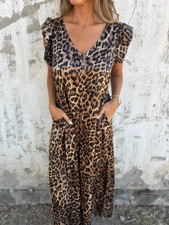 Leopard Print V-Neck Jumpsuit With Front Pockets Newgew Dresses