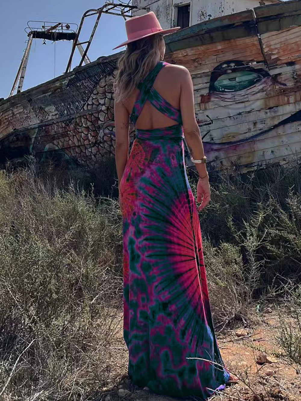 Tie-dye Print V-neck Cross Back Straps Stretch Maxi Dress Newgew Dresses