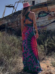 Tie-dye Print V-neck Cross Back Straps Stretch Maxi Dress Newgew Dresses