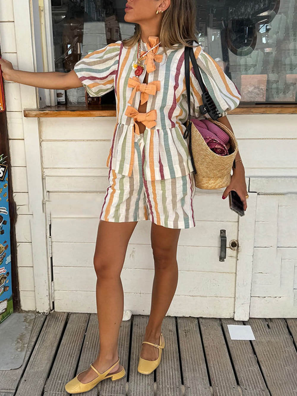 Striped Knotted Puff Sleeve Top and Elastic Waist Pocket Shorts Set Newgew Dresses