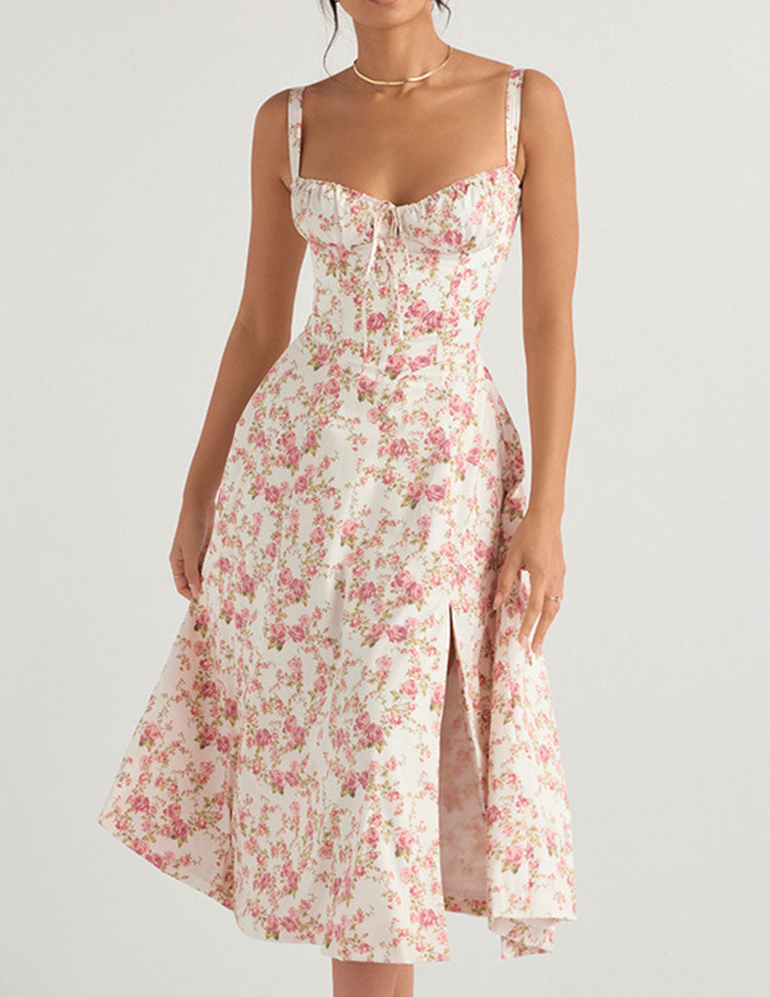 Rose Print Herringbone Slip Dress Newgew Dresses