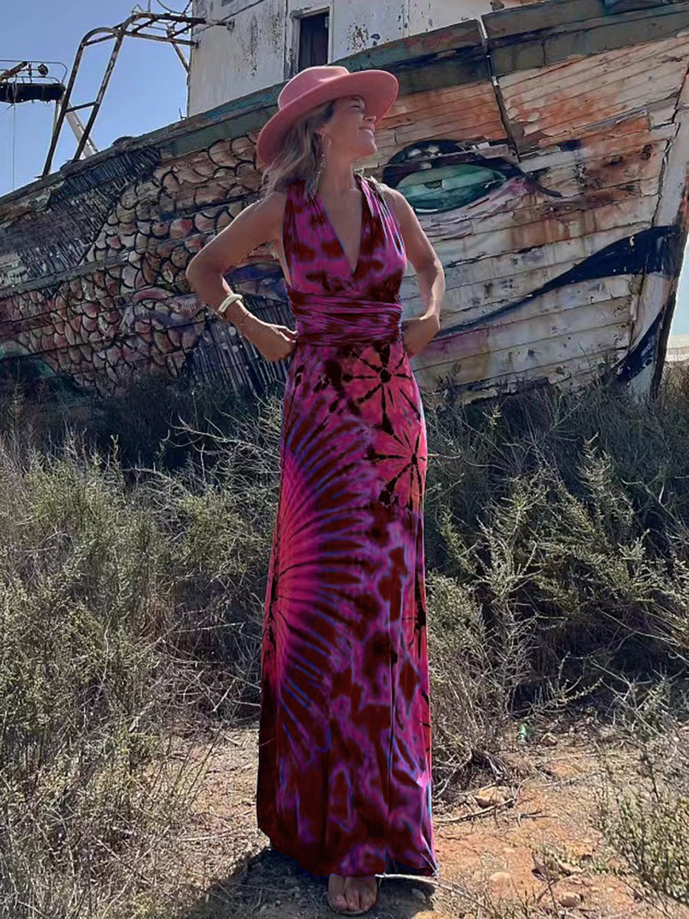 Tie-dye Print V-neck Cross Back Straps Stretch Maxi Dress Newgew Dresses
