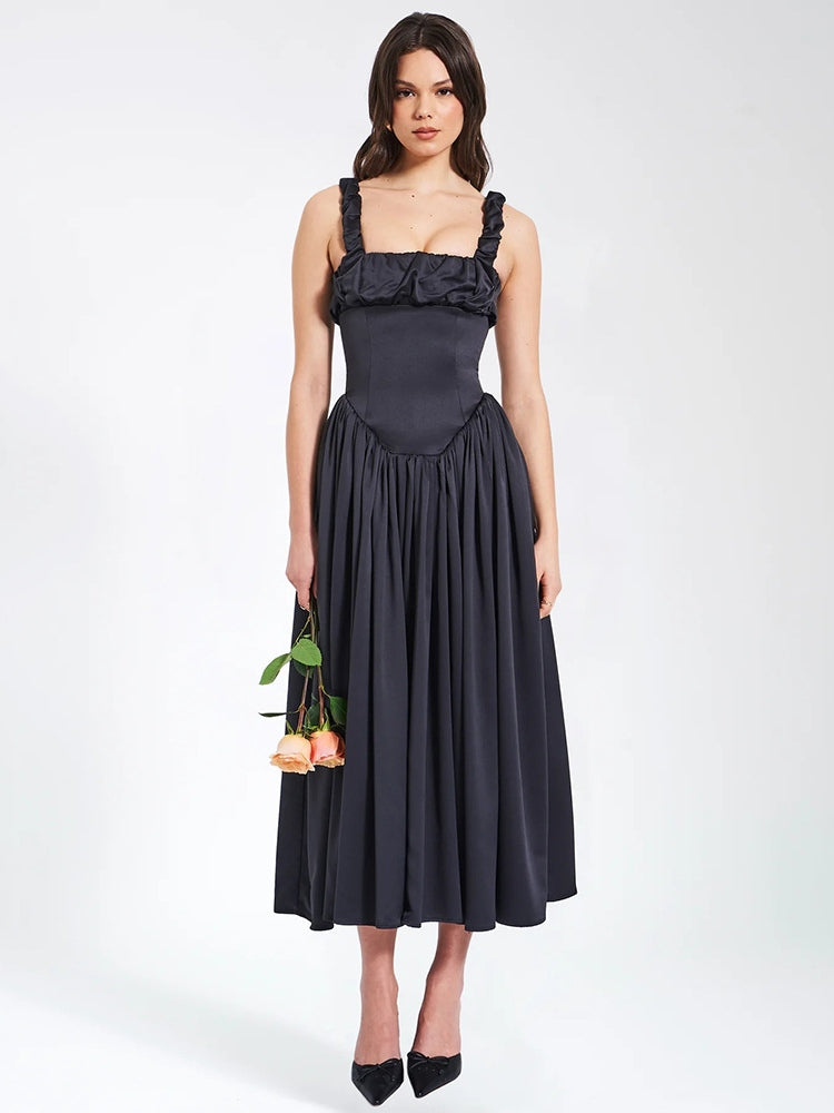 Noreen Pleated Strap Puffy Maxi Dress Newgew Dresses