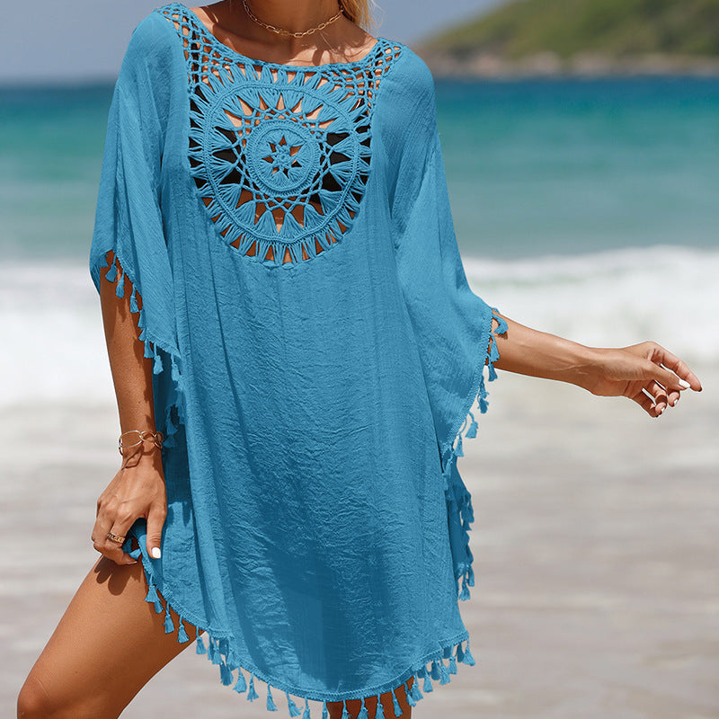 Hand Crochet Loose Fringe Sunflower Beach Blouse Cover Up Newgew Dresses