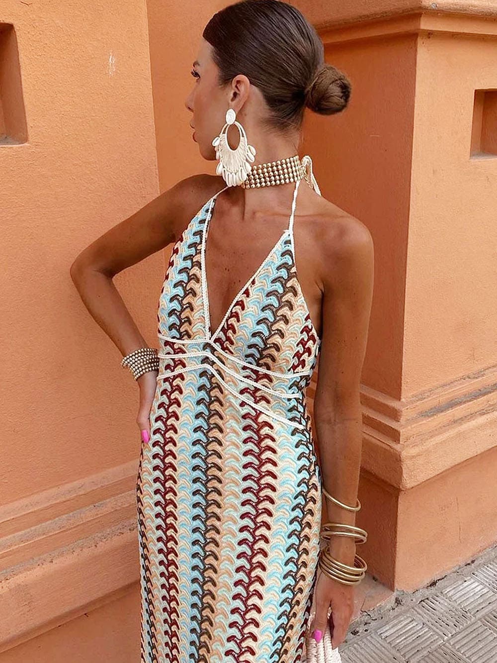 Halter V Neck Backless Boho Pattern Knit Slim-Fit Vacation Maxi Dresses-Beige Newgew Dresses