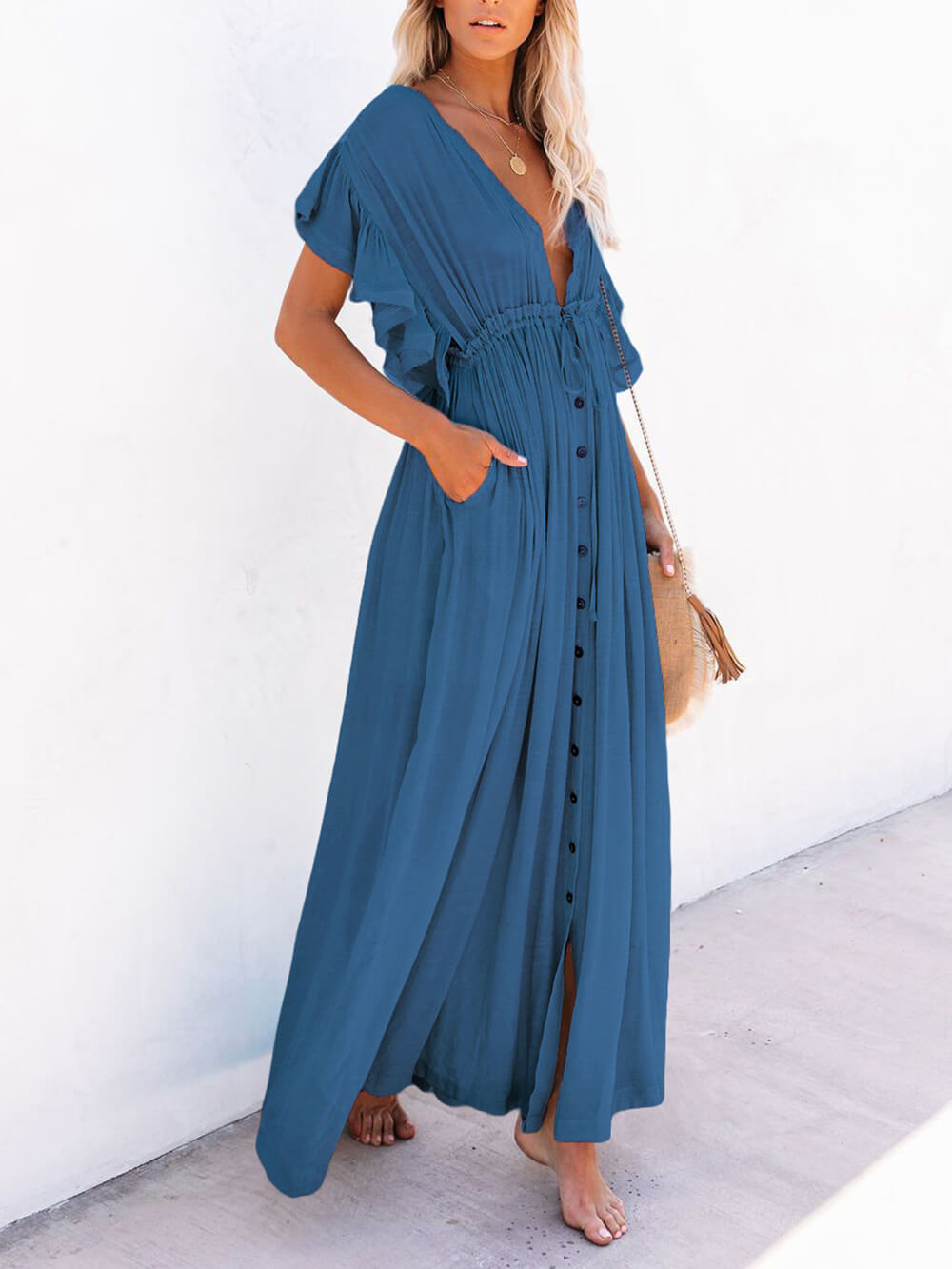 Button Cotton Linen Perfect Beach Boho Maxi Dress Newgew Dresses