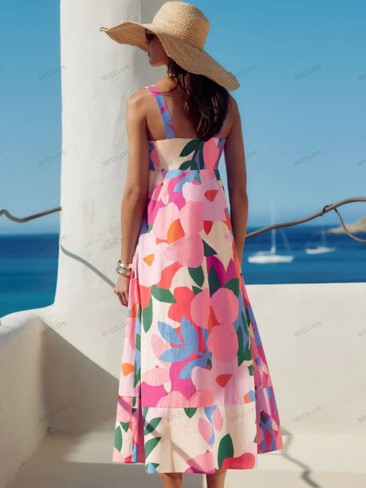 Vacation-Style French Floral Print Maxi Dress Newgew Dresses