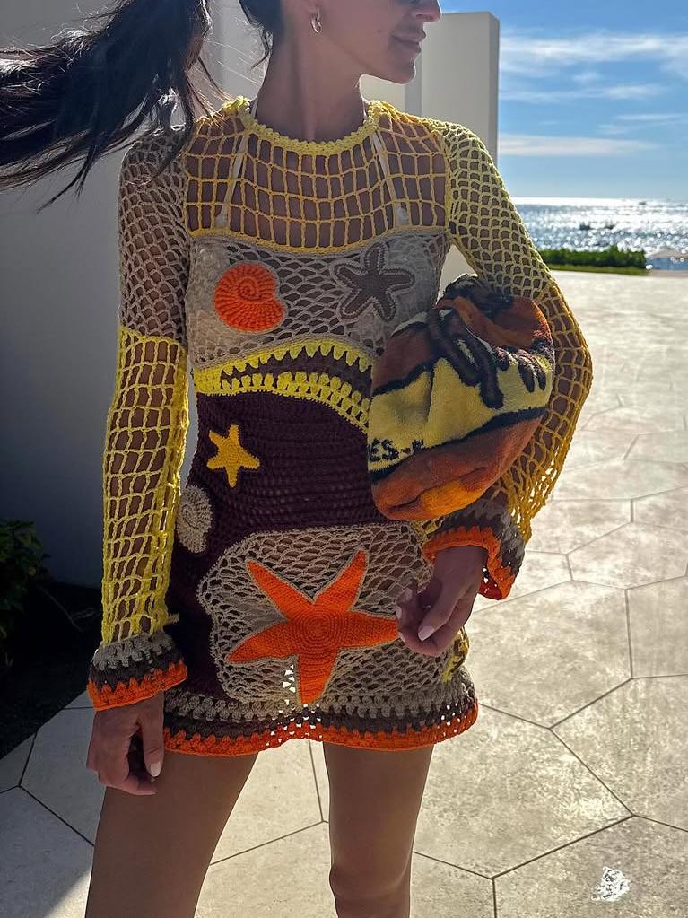 Coral Reef-Inspired Pattern Crochet Mini Dress Newgew Dresses