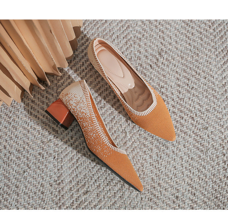 Chunky Heel Pointed Toe Pumps Knitted Woven Shoes NewGew