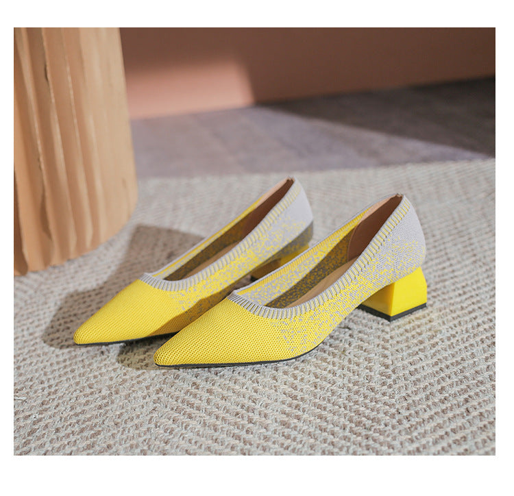 Chunky Heel Pointed Toe Pumps Knitted Woven Shoes NewGew