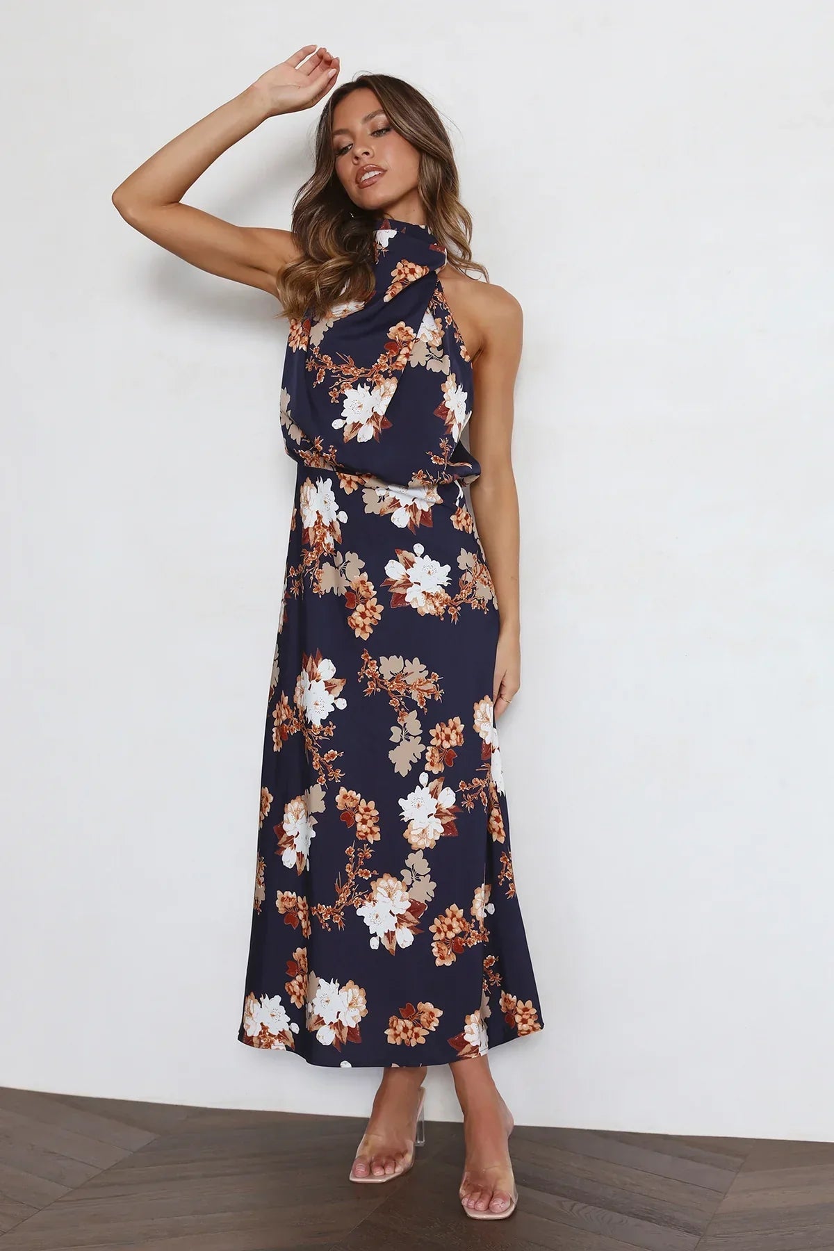Wine Country Dates Floral Halter Neck Elastic Waist Maxi Dress Newgew Dresses