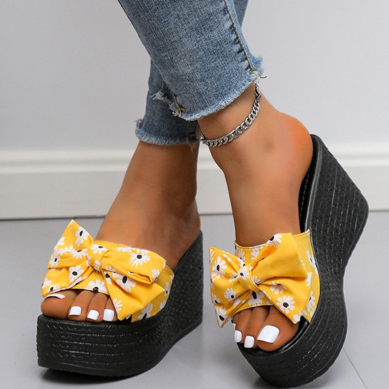 Casual Patchwork Printing With Bow Round Wedges Shoes (Heel Height 3.15in) NewGew