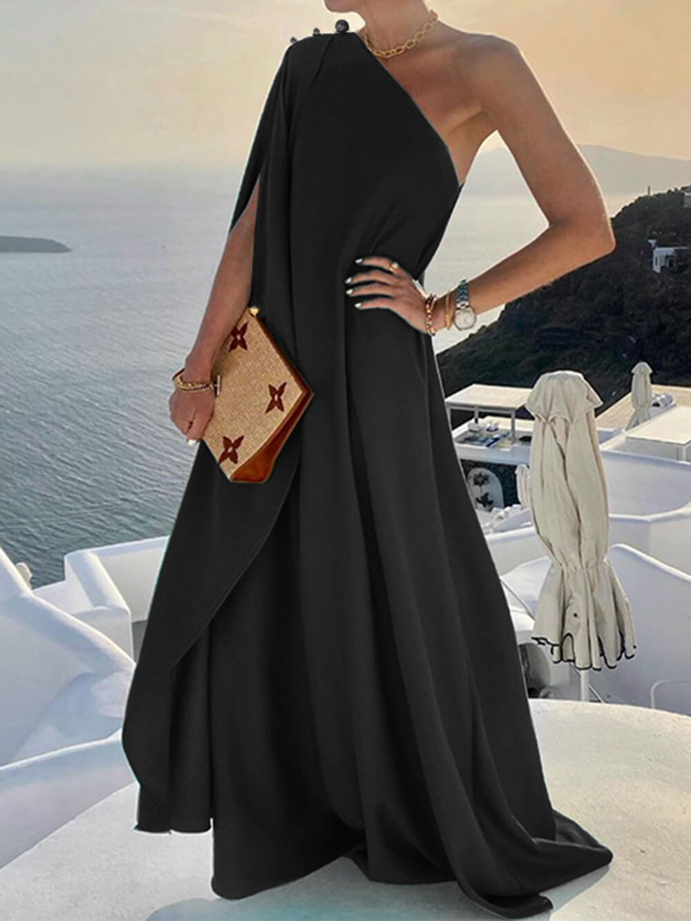 Fashionable Solid Color Loose One Shoulder Maxi Dress Newgew Dresses