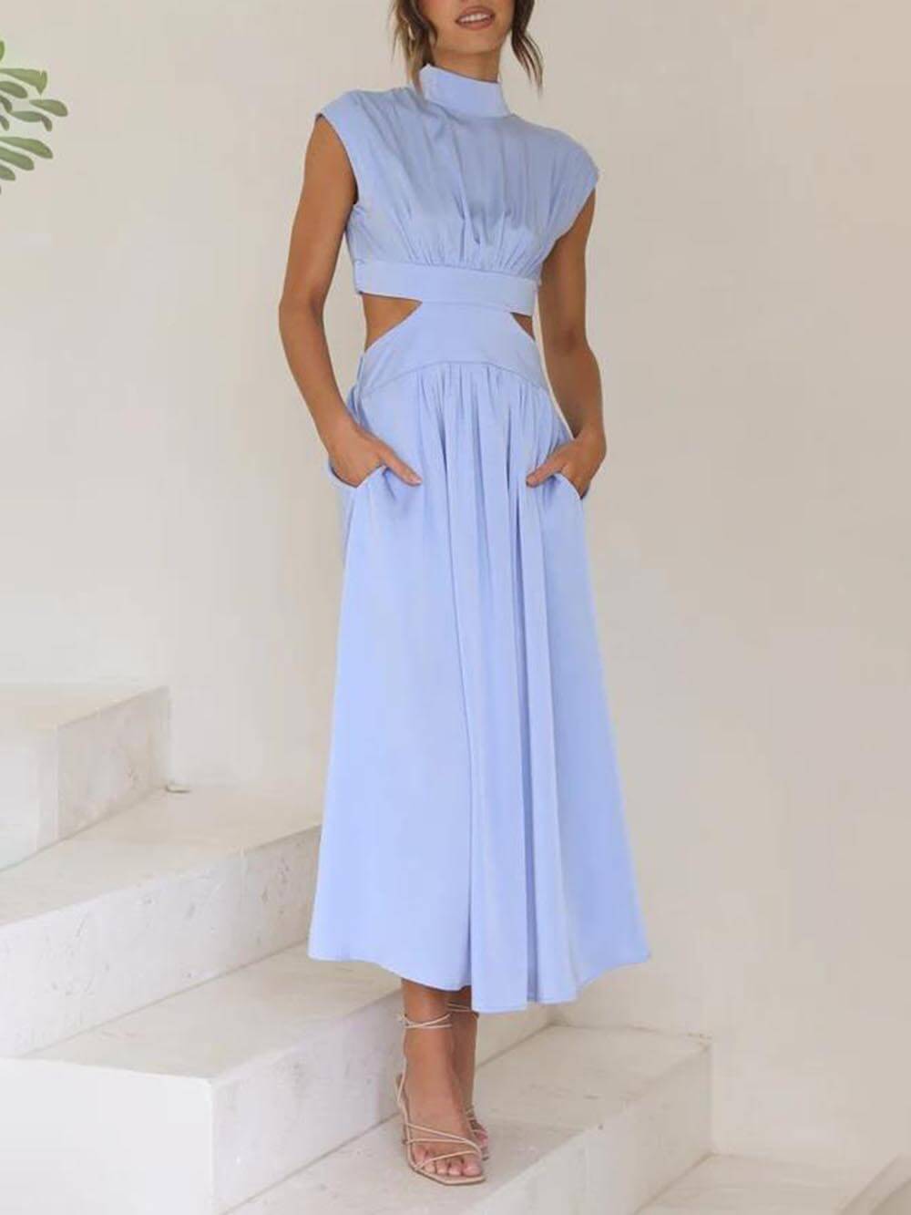 Cutout Waist Pocketed Vacation Midi Dress Newgew Dresses