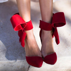 Vintage Pointed Toe Ankle Strap Suede Stiletto Butterfly Heels - Red NewGew