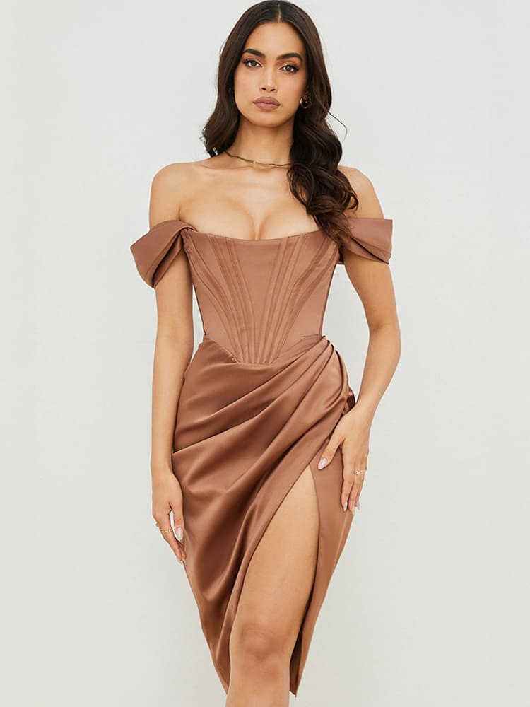 Cap Shoulder Corset Bodycon Midi Dress - Toffee Brown Newgew Dresses