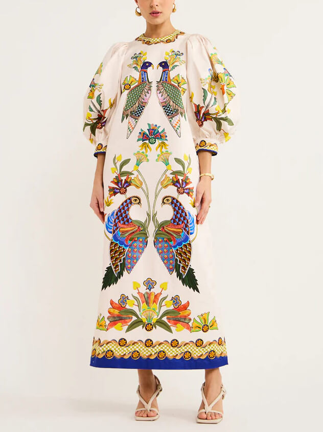 Exquisite And Fun Printed Puff Sleeves Loose Casual Midi Dress Newgew Dresses