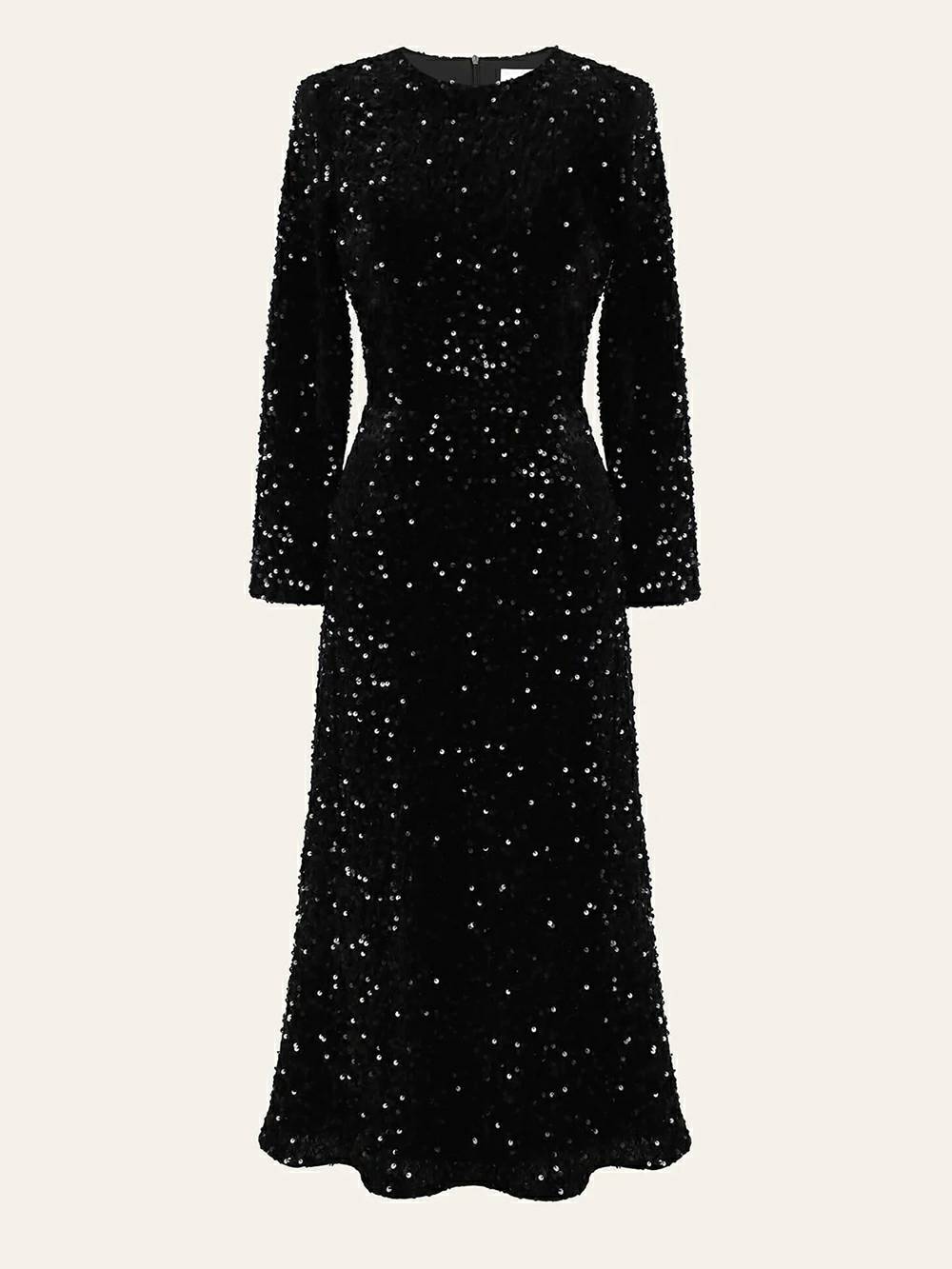 Sequin Decorated Velvet Midi Dress In Black Newgew Dresses