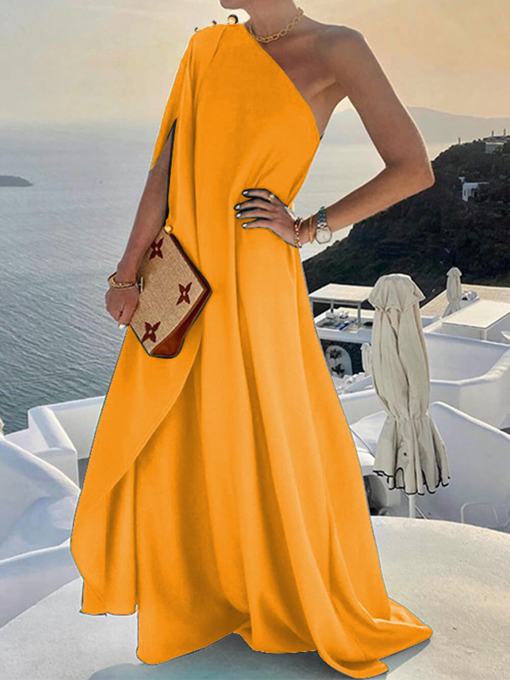Fashionable Solid Color Loose One Shoulder Maxi Dress Newgew Dresses