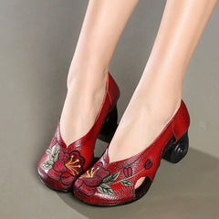 Women Retro Leather Flower Pumps Newgew Shoes