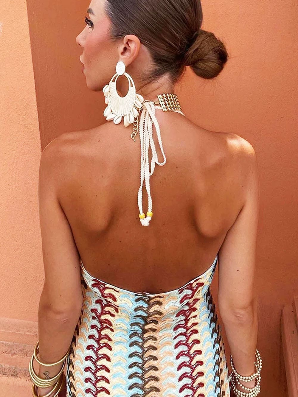 Halter V Neck Backless Boho Pattern Knit Slim-Fit Vacation Maxi Dresses-Beige Newgew Dresses