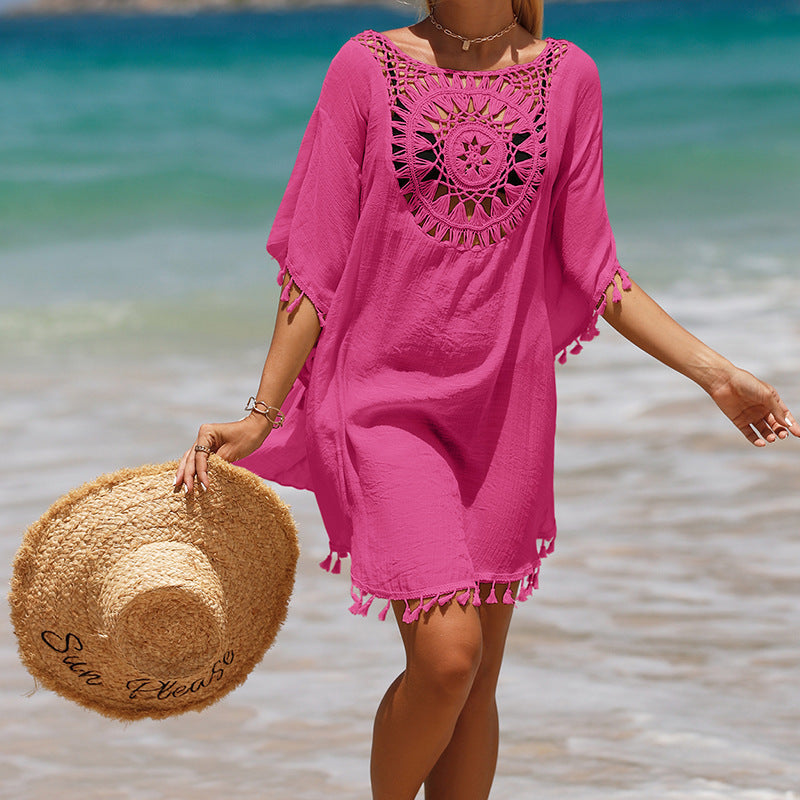 Hand Crochet Loose Fringe Sunflower Beach Blouse Cover Up Newgew Dresses