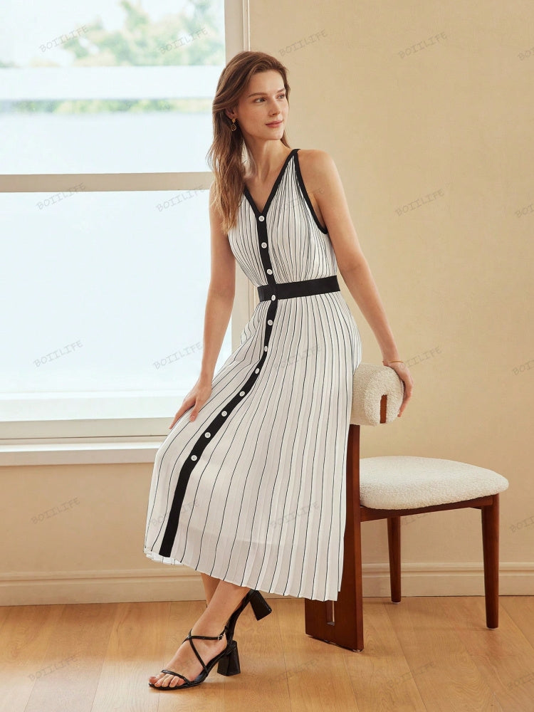 High-End Limited Edition Striped Color-Blocked Sleeveless Dress Newgew Dresses