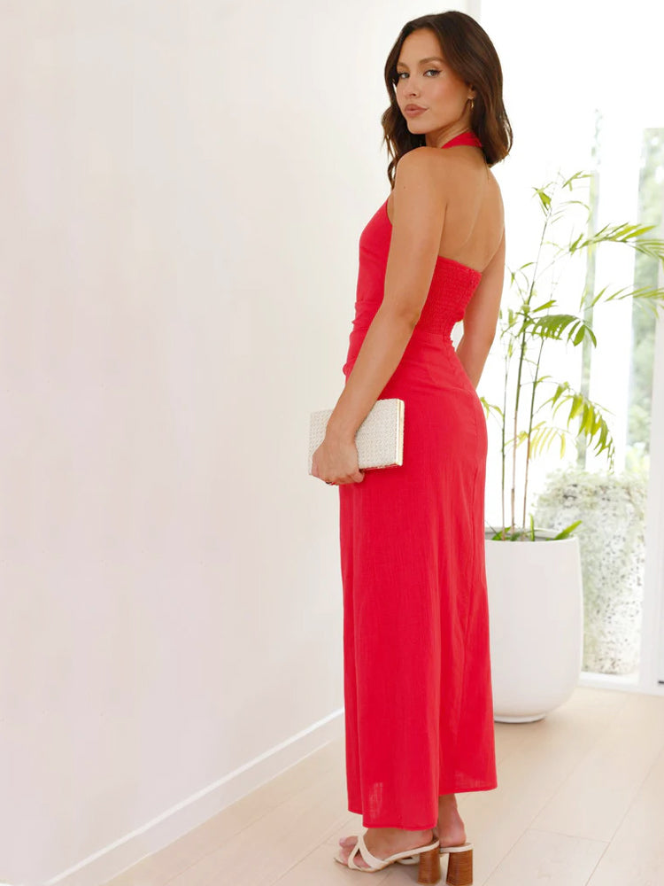 Casual Solid Color Sleeveless Backless Halter Midi Dress Newgew Dresses