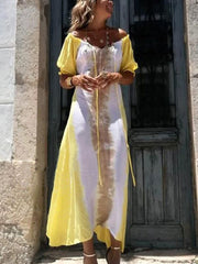 Yellow Tie Dye V-Neck Drawstring Maxi Dress Newgew Dresses