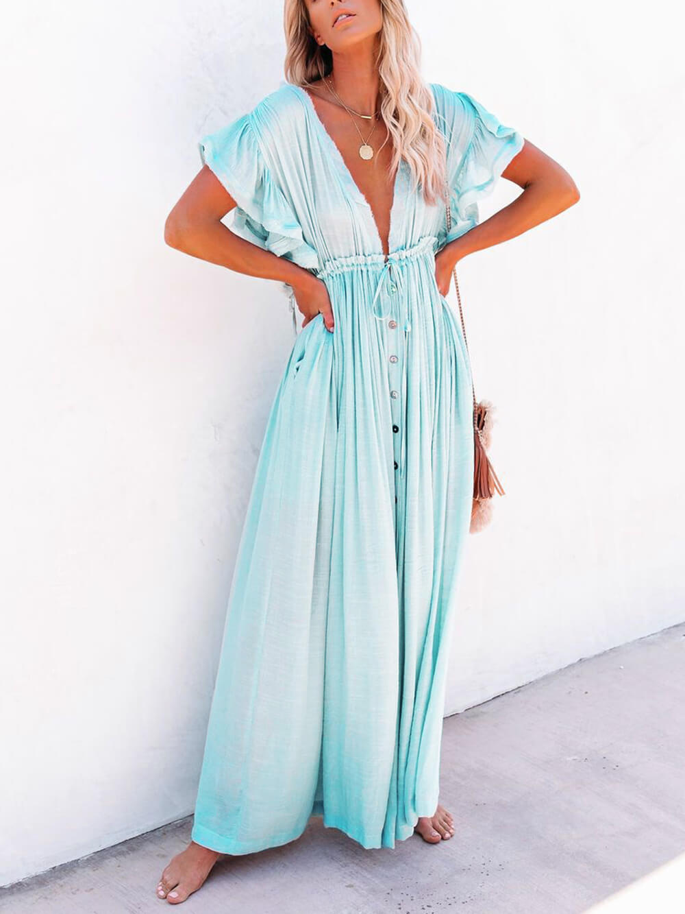 Button Cotton Linen Perfect Beach Boho Maxi Dress Newgew Dresses
