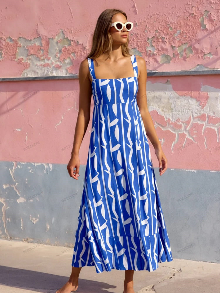 Vacation-Style French Floral Print Maxi Dress Newgew Dresses
