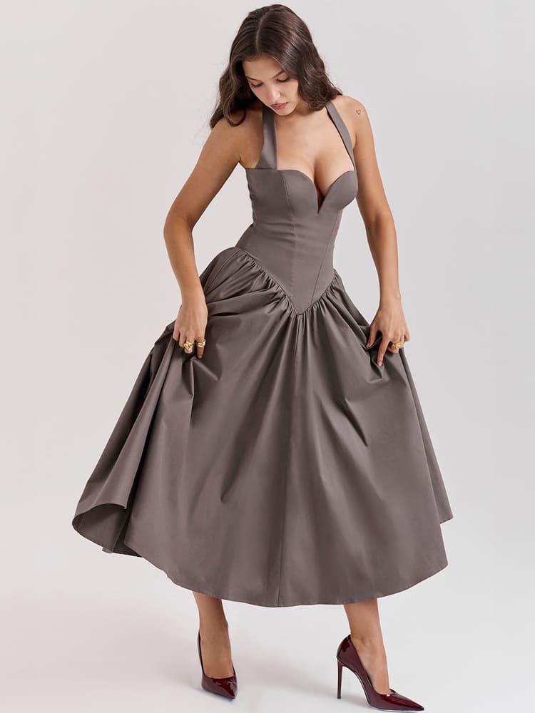 Halter Neck Midi Dress with Side Slit - Smoky Gray Newgew Dresses