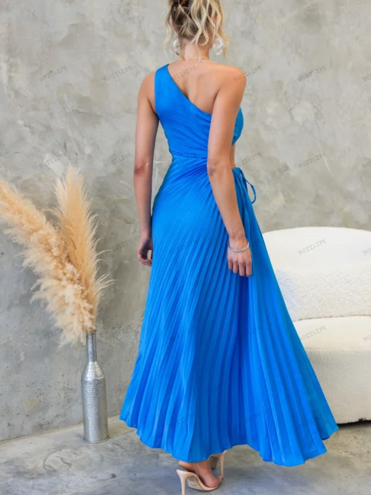 Pleated One-Shoulder Cut-Out Waist Gown Newgew Dresses