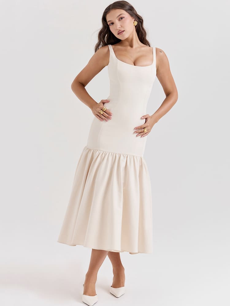 Vintage Low-Waist Midi Dress - Cream Beige Newgew Dresses
