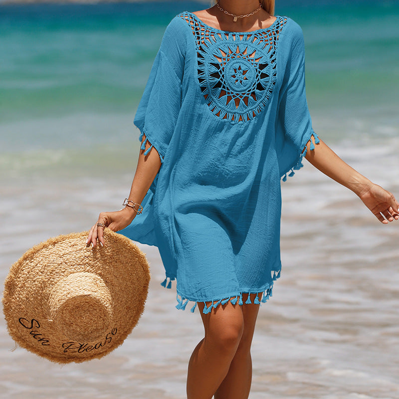 Hand Crochet Loose Fringe Sunflower Beach Blouse Cover Up Newgew Dresses