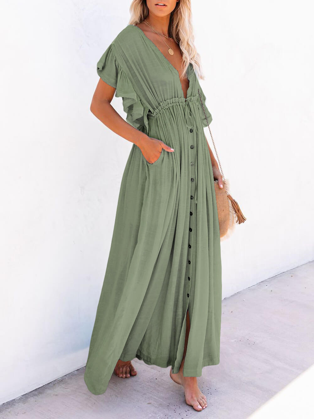 Button Cotton Linen Perfect Beach Boho Maxi Dress Newgew Dresses