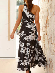 Pleated One-Shoulder Cut-Out Waist Floral Gown Newgew Dresses