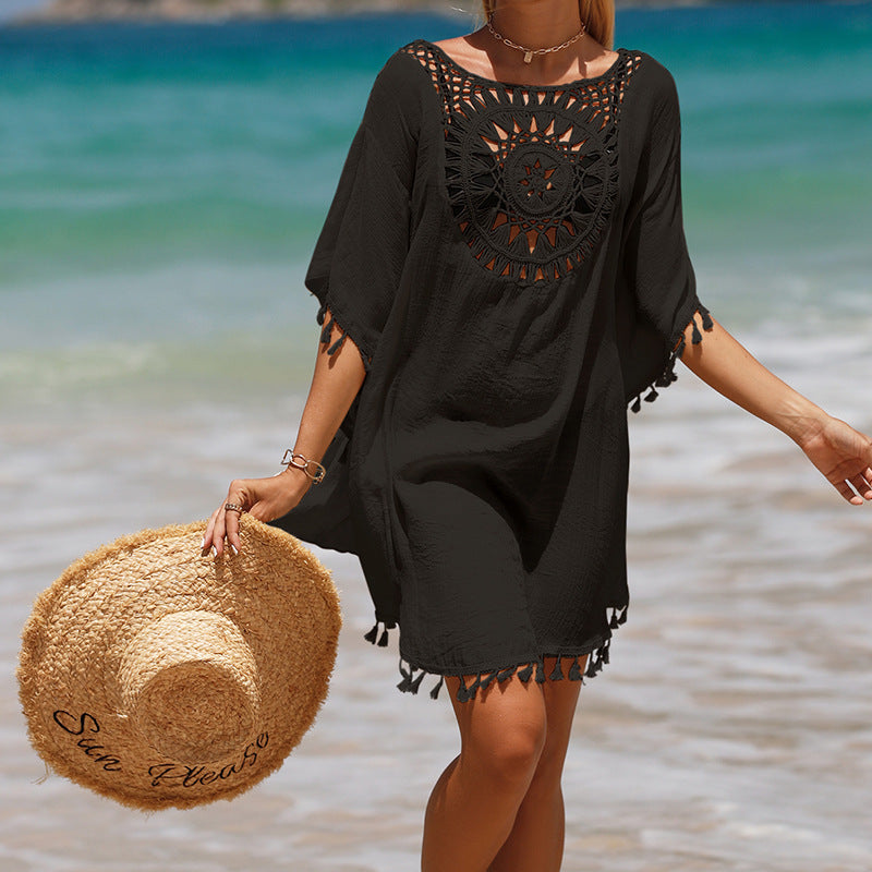 Hand Crochet Loose Fringe Sunflower Beach Blouse Cover Up Newgew Dresses